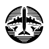 Black and white circular featuring an airplane silhouette, cloud formations, and horizontal lines suggesting sky, water, and motion. vector