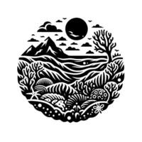 Black and White Circular Illustration Mountainous Landscape with Ocean, Flora, Fauna, and Celestial Elements, a harmonious, stylized . vector