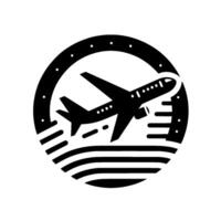 Monochromatic of a jet aircraft taking off over stylized water within a circular emblem, with dots. vector