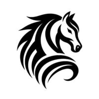 A stylized black and white equine head, featuring bold curves and sharp angles, conveying power and elegance with a minimalist on a pristine white background. vector