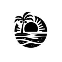 Simplified black and white tropical island scene, with a palm tree, sun, and ocean waves, contained within a circular shape. vector