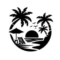 Silhouette of a tropical beach scene within a circle palm trees, setting sun, ocean, birds, beach chair, umbrella, and shoreline. vector