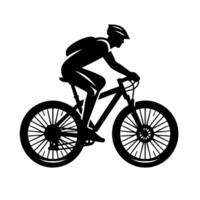 Silhouette of a cyclist on a mountain bike, wearing a helmet, and backpack, in a dynamic, actionoriented pose against a white background, minimalistic and stylized. vector