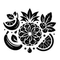 Silhouette of Tropical Fruits Including Pineapple, Banana, and Citrus Arrangement with Leafy Accents on White Background vector