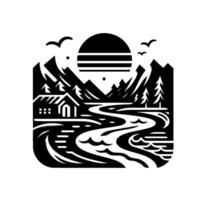 Serene black and white depicting a mountain cabin by a winding river under a striped sun, with birds and trees. vector