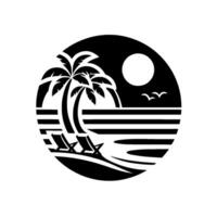 Black and white minimalist beach scene with palm trees, sun, waves, two chairs, and birds, within a circle. vector