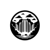 Minimalist Black White Circular Featuring a Waterfall Cascading Amongst Clouds and Reflecting in Water vector