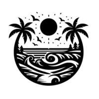Black and White Circular of a Tropical Beach Scene with Palm Trees, Waves, Birds, and Sun vector