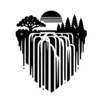 Geometric Black and White Illustration of a Cascading Waterfall, Nature Scene with Trees, Sun, and an Islandlike Formation. vector
