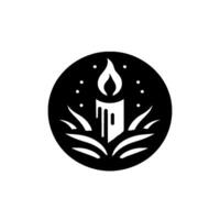 Minimalist Black and White Circle Depicting a Lit Candle Surrounded by Leaves and Stars on White Textured Background. vector