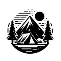 Black and white circular camping emblem featuring a mountain range, tent, pine trees, sun, and a minimalist style. vector