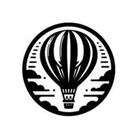 A stylized monochrome illustration of a hot air balloon , floating within a circular frame bordered by clouds and a segmented element. vector
