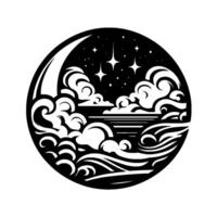 A black and white circular illustration showcasing stylized clouds and waves under a starry sky, evocative of a serene night scene. vector