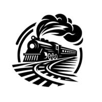 Black and white minimalist of a steam train on tracks, within a circular frame, spewing smoke. vector