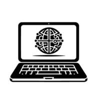 Black and White Laptop Displaying an Abstract CircuitGlobe Symbol, Illustrating Global Connectivity, Data and Technology. vector