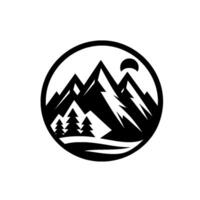 Mountainous Landscape Silhouette within a Circular Frame, Featuring Trees, Snow, and Crescent Moon, a Minimalist . vector