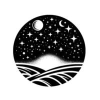 A celestial sphere depicting a starry night with crescents and rolling hills, rendered in black and white. vector