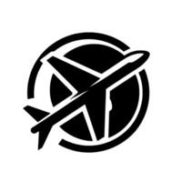 Monochromatic of an airplane silhouette inside a circular frame, conveying air travel and the world in simplified . vector