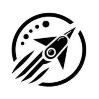 art illustration of a rocketship bursting from a black circular frame, representing space and exploration, against a white background. vector