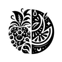 Black and White Yin Yang Symbol with Stylized Pineapple and Citrus Fruit, Decorative Border and Dots, Minimalist . vector