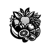 Monochrome Illustration of a Fruit Medley Strawberries, Raspberry, Banana, Orange, and Apple Composition. vector