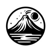 Black and white minimalist of a volcano erupting, surrounded by a lake, stars, and moon within a circle. vector