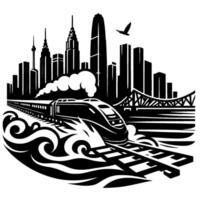 Dynamic black and white illustration of a highspeed train, against a silhouetted cityscape with skyscrapers, bridges, and a flying bird. vector