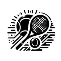 Bold Black and White Tennis Composition A stylized illustration of a tennis ball and racquet, encapsulated within a circle of energetic lines and geometric shapes, conveying dynamism. vector