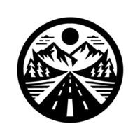 Stylized Black and White Circular Emblem A Mountain Roadscape with Pine Trees, Mountains, and a Sunlike Orb, framed within a clean circle. vector