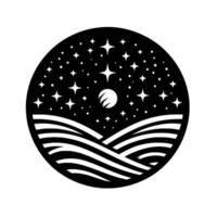 A minimalist, circular, black and white illustration depicting a stylized night sky with stars, a moon, and rolling hills. vector