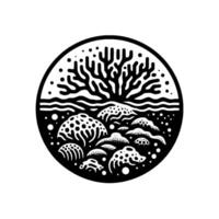 Black and white minimalist circular illustration featuring a coral reef scene with a stylized tree above the water line, creating a unique, textured, and patterned . vector