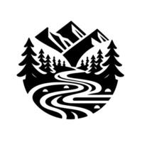 style black and white landscape illustration inside a circular frame with stylized mountains, trees, and a winding river, evoking a sense of wilderness. vector