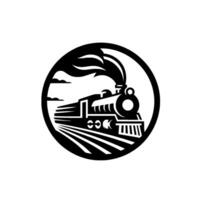 Circular, bold, black and white of a vintage steam train, billowing smoke, speeding on tracks with stylized clouds. vector