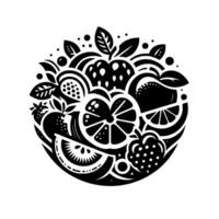 Black and White Circular Fruit Composition Citrus Slices, Berries, Apples, Leaves, and Garnish, Art. vector