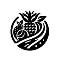 Stylized Black and White Circular Featuring Pineapple, Citrus, and Decorative Elements. vector