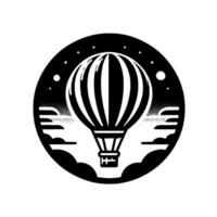 Monochromatic, circular featuring a striped hot air balloon floating above cloud silhouettes with a gradient sky and starry night backdrop. vector