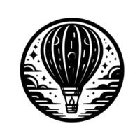 Intricate black and white illustration within a circle, depicting a hot air balloon rising among clouds, stars, and crescent moons, suggesting a night flight or whimsical dreamscape. vector