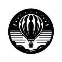 art of a black and white hot air balloon rising from a cloudscape, enclosed in a circular starry frame, capturing a vintage feel. vector