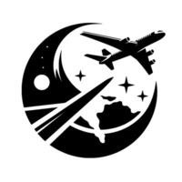A stylized monochrome illustration of a passenger jet soaring above a crescent moon, earth, and stars, representing travel and space exploration. vector