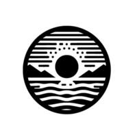 Minimalist black and white circular of a sunset over mountains and water, with dots representing clouds. vector
