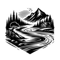 Black and white hexagonal illustration of a mountain landscape with a winding river, cabin, and trees. vector