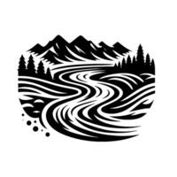 Black and white stylized river scene encircled by trees, mountains, and a flowing water effect. vector