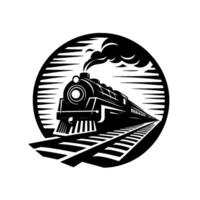 Stylized Black and White Circular of a Classic Steam Locomotive on Tracks with Smokestack, Representing Travel and Journey. vector