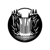 Black and White Illustration Waterfall Cascading in a Circular Frame, Framed by Trees and a Simplistic Rainbow. vector