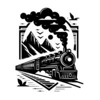 A monochrome illustration depicts a vintage steam train traversing mountain scenery, smoke billowing, within a rectangular frame. vector