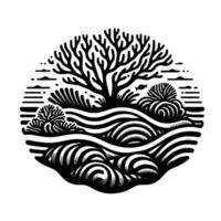 Black and white stylized illustration of a coral reef ecosystem in a circular frame, featuring a central treelike structure with aquatic flora and fauna. vector