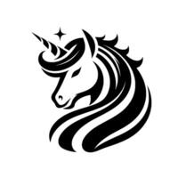 Elegant Black and White Unicorn Head with Flowing Mane, Horn, and Star Element, a Symbol of Magic and Grace. vector