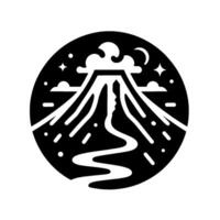 Stylized Black and White Circular Composition Featuring a Volcano Erupting at Night with Moon, Stars, and Flowing River. vector