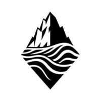 A stylized black and white illustration of mountains rising above wavy ocean waters, contained within a diamond shape. vector