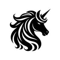 A stylized, black and white illustration of a unicorns head, featuring intricate mane and a sharp, prominent horn against a plain white background. vector